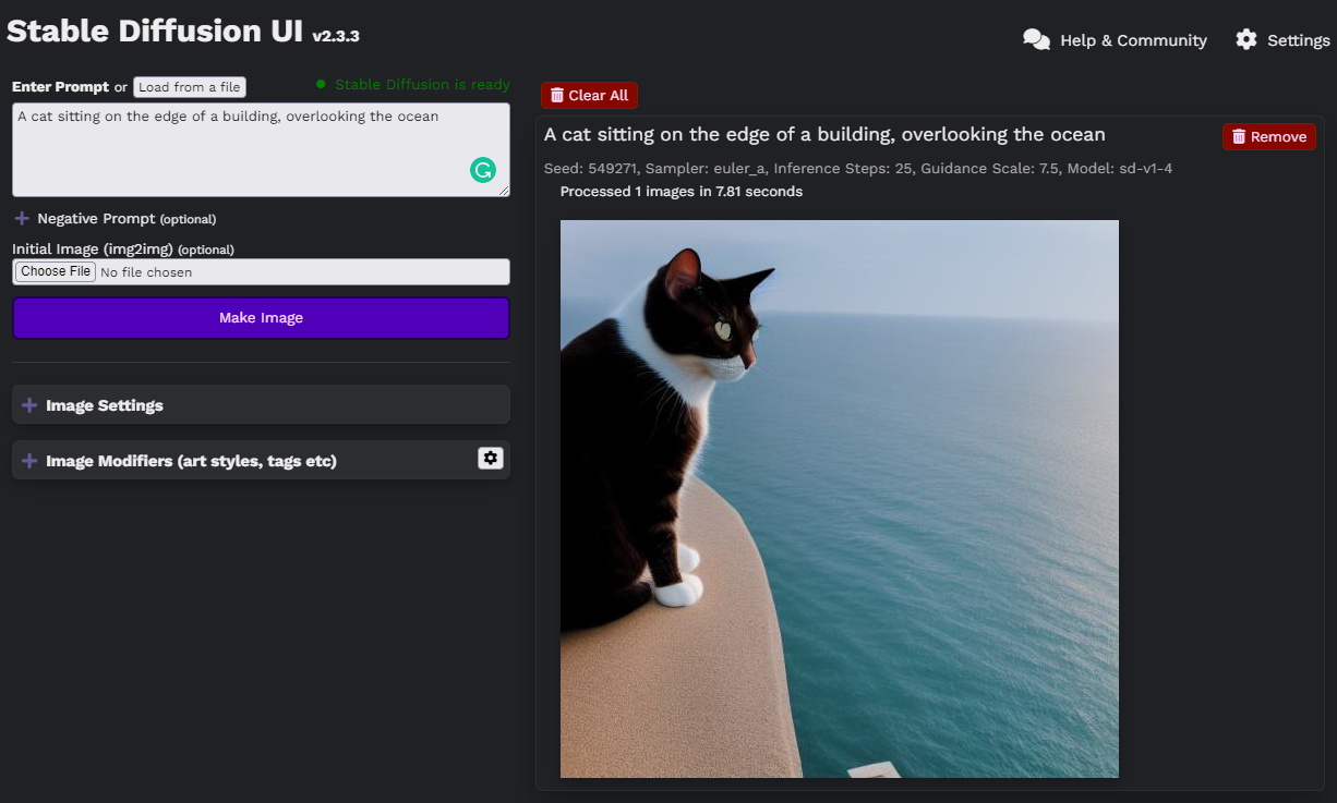 A cat sitting on the edge of a building, overlooking the ocean - generated by Stable Diffusion