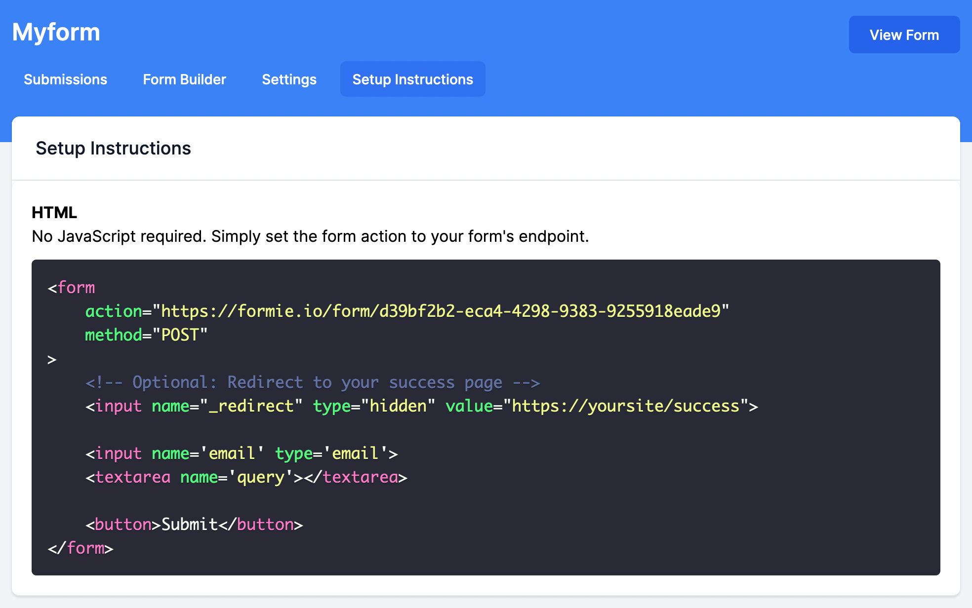 Formie: Showing setup instructions