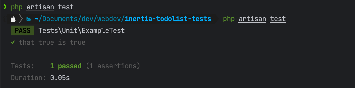 Example of running tests via artisan