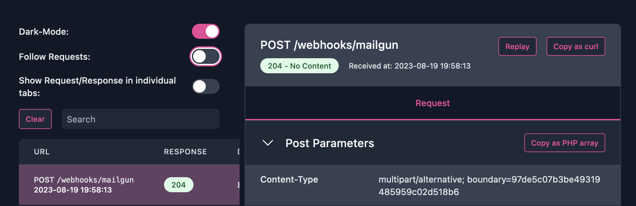 expose.dev dashboard logs